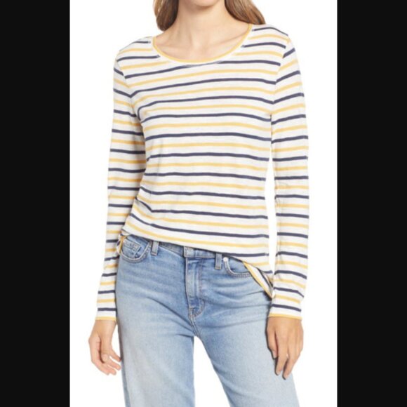 Nordstrom CASLON Long Sleeve Crewneck T-shirt In Ivory Yellow Navy Stripe $29.00 - Picture 1 of 8